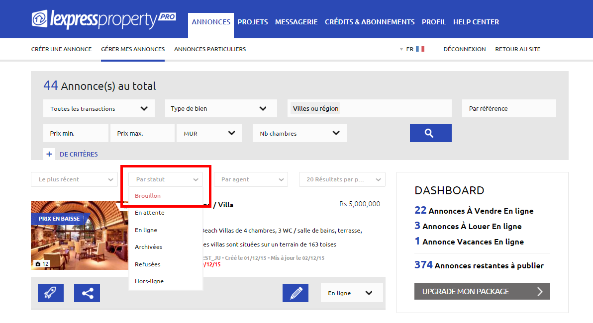 5. Filtres additionnels - Par statut des annonces