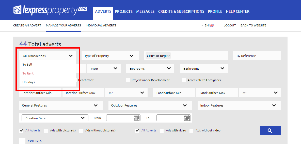 2. My Transactions (buy, rent, holidays) 
