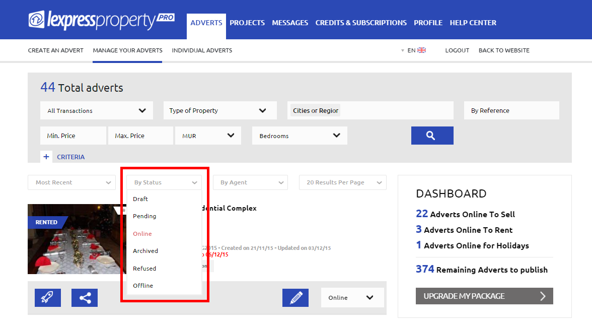 5. Additional Filters - Filter by Advert Status 